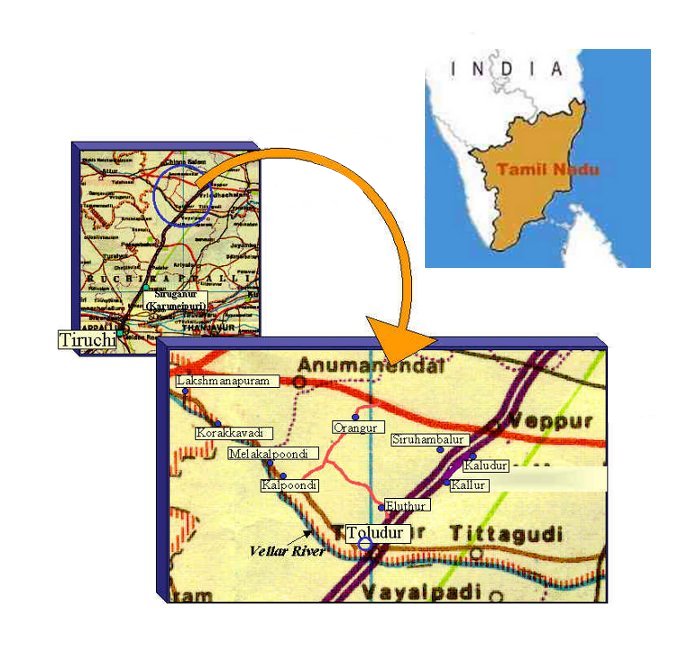 map showing Tamil Nadu and the villages